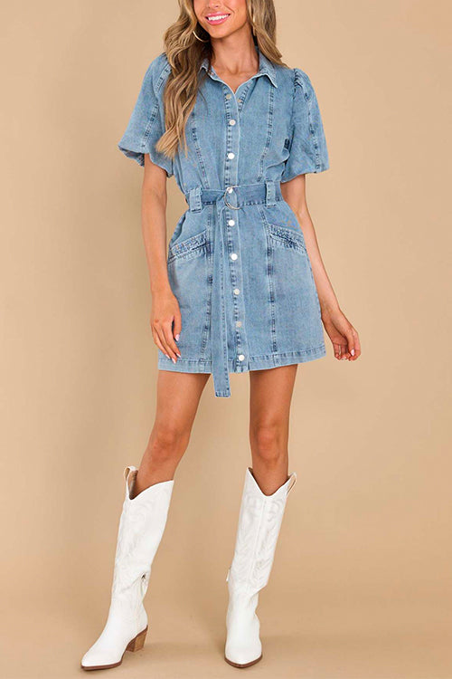 Mixiedress Lantern Sleeves Belted A-line Denim Shirt Dress