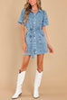 Mixiedress Lantern Sleeves Belted A-line Denim Shirt Dress