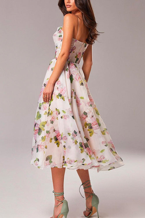 Mixiedress Adjustable Strap Waisted Floral Swing Midi Holiday Dress