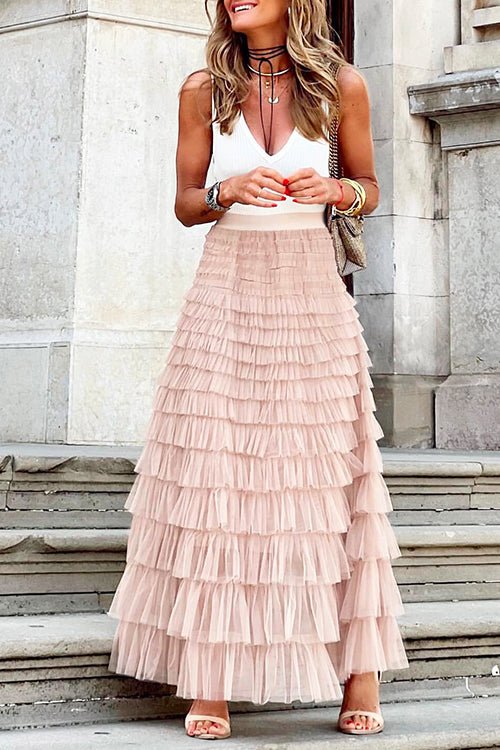 Mixiedress Ruffle Layered Mesh A-line Long Tulle Skirt