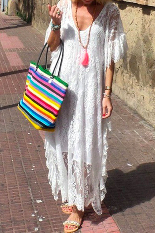 Mixiedress V Neck Flare Sleeve Oversized Maxi Lace Dress