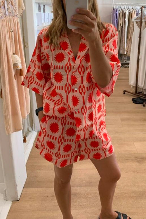 Mixiedress Short Sleeves Button Up Shirt Drawstring Waist Shorts Tropic Printed Set