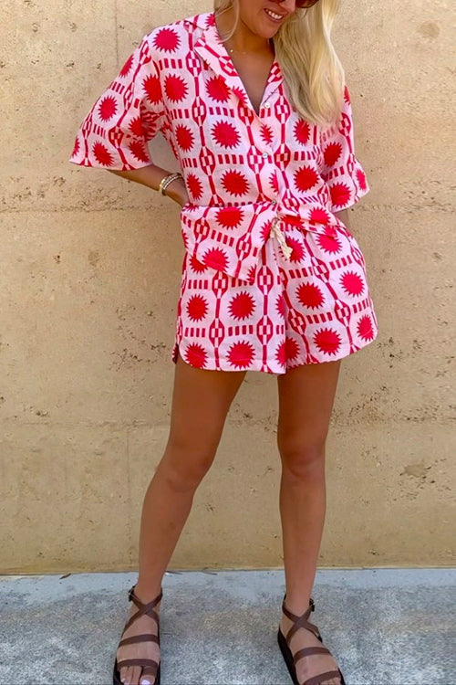 Mixiedress Short Sleeves Button Up Shirt Drawstring Waist Shorts Tropic Printed Set
