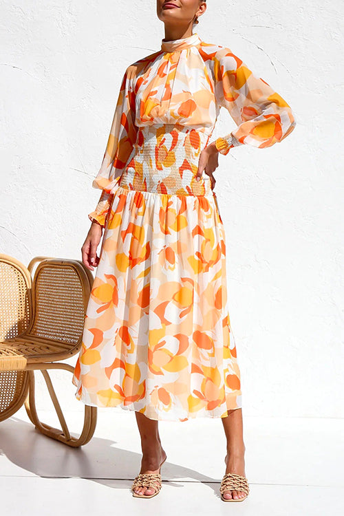 Mixiedress Mockneck Smocked Waist Printed Midi Swing Dress