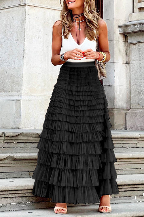 Mixiedress Ruffle Layered Mesh A-line Long Tulle Skirt