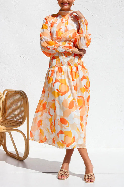 Mixiedress Mockneck Smocked Waist Printed Midi Swing Dress