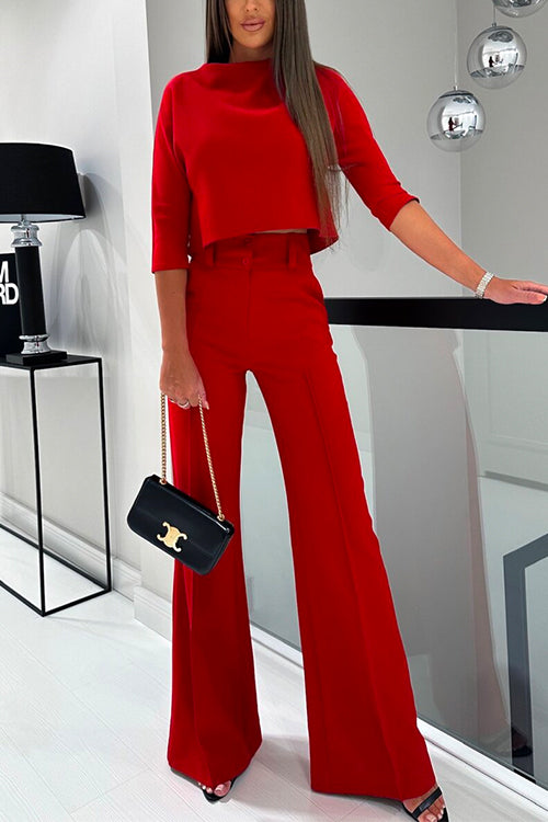 Chic 3/4 Sleeves Crop Top Flare Bottoms Pants 2 Pieces Set