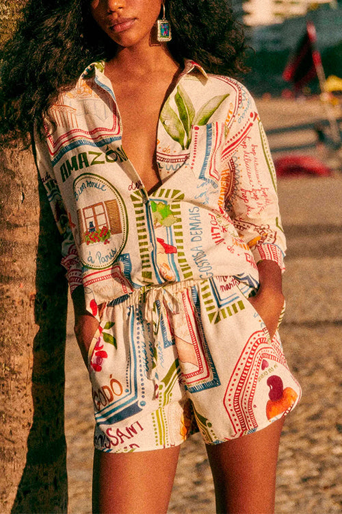 Mixiedress Unique Printed Long Sleeves Blouse Shirt Drawstring Waist Shorts Set