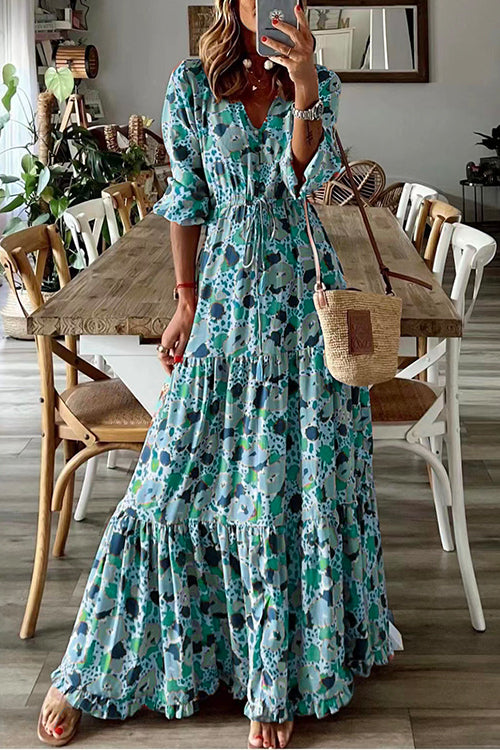 Mixiedress V Neck Drawstring Waist Ruffle Tiered Printed Maxi Holiday Dress