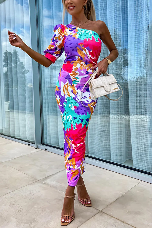 Mixiedress One Shoulder Back Slit Printed Maxi Dress