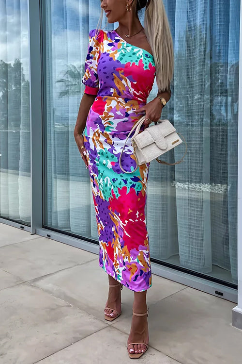 Mixiedress One Shoulder Back Slit Printed Maxi Dress