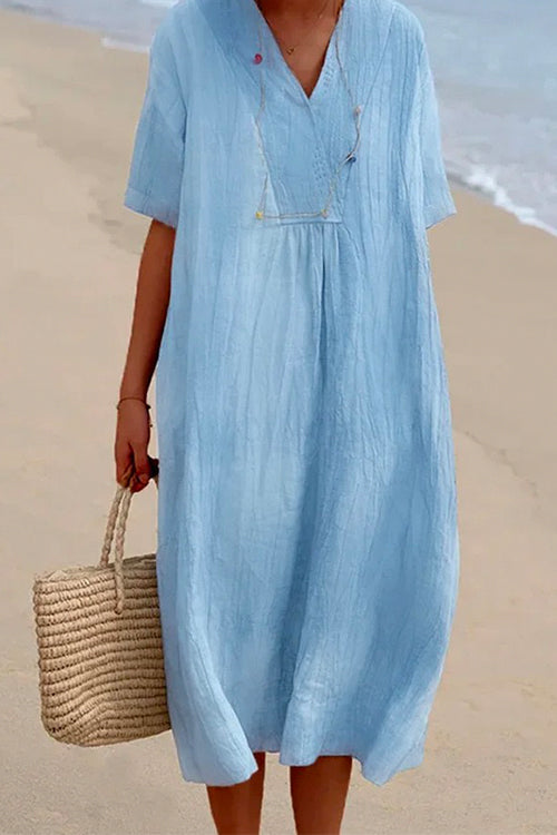 Mixiedress V Neck Short Sleeve Baggy Cotton Linen Midi Dress