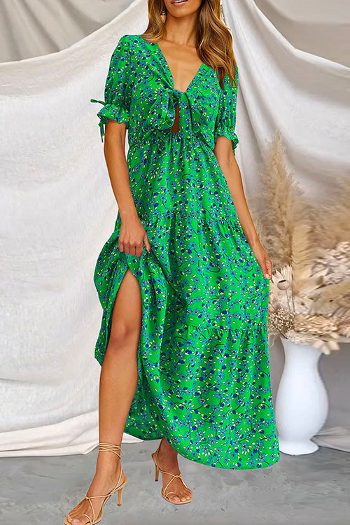 Mixiedress Floral Printed V Neck Tie Knot Front Tiered Swing Maxi Dress