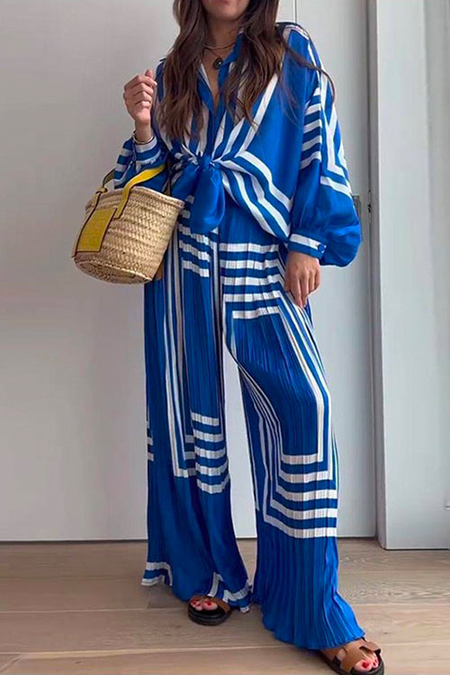 Mixiedress Printed Lantern Sleeves Tie Front Blouse Shirt Wide Leg Pleated Pants Set