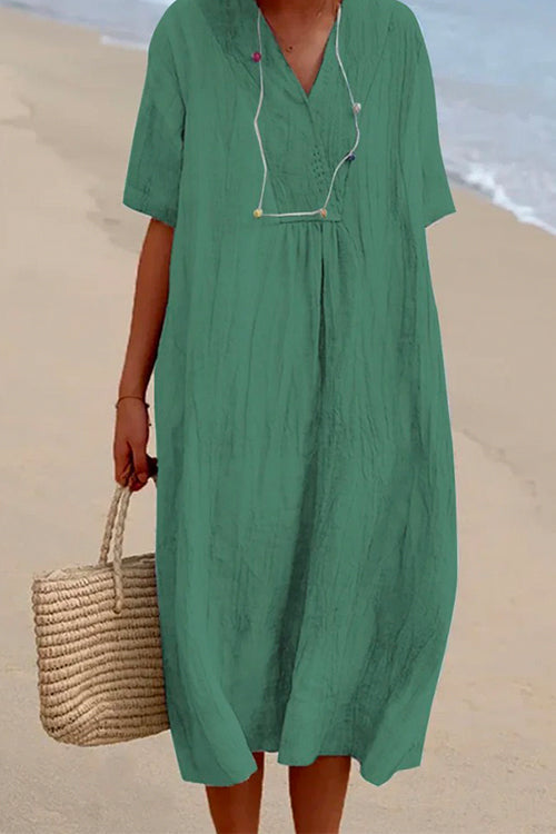 Mixiedress V Neck Short Sleeve Baggy Cotton Linen Midi Dress