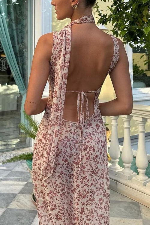 Mixiedress Sleeveless Open Back Slit Floral Print Maxi Flowy Dress