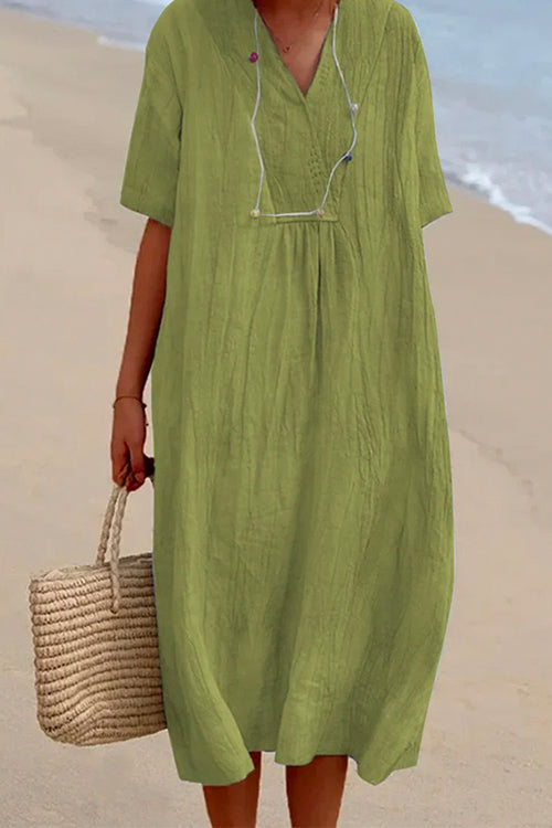 Mixiedress V Neck Short Sleeve Baggy Cotton Linen Midi Dress