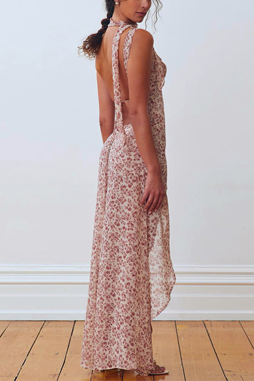Mixiedress Sleeveless Open Back Slit Floral Print Maxi Flowy Dress