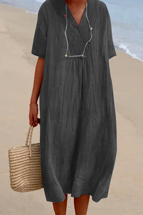 Mixiedress V Neck Short Sleeve Baggy Cotton Linen Midi Dress