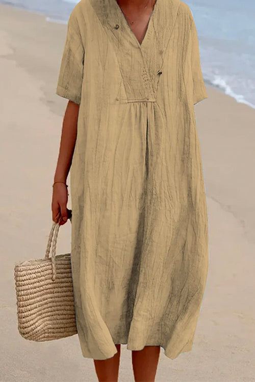Mixiedress V Neck Short Sleeve Baggy Cotton Linen Midi Dress