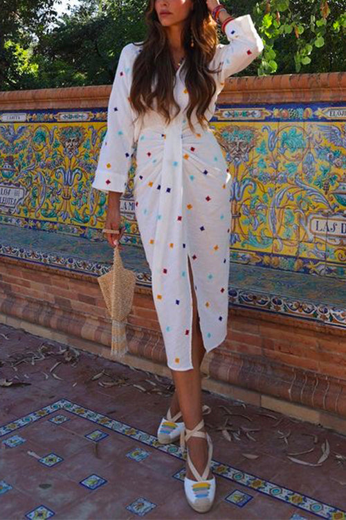 Mixiedress V Neck Waisted Slit Embroidery Midi Dress