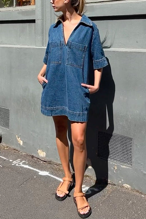 Mixiedress V Neck Pocketed Tara Denim Mini Dress