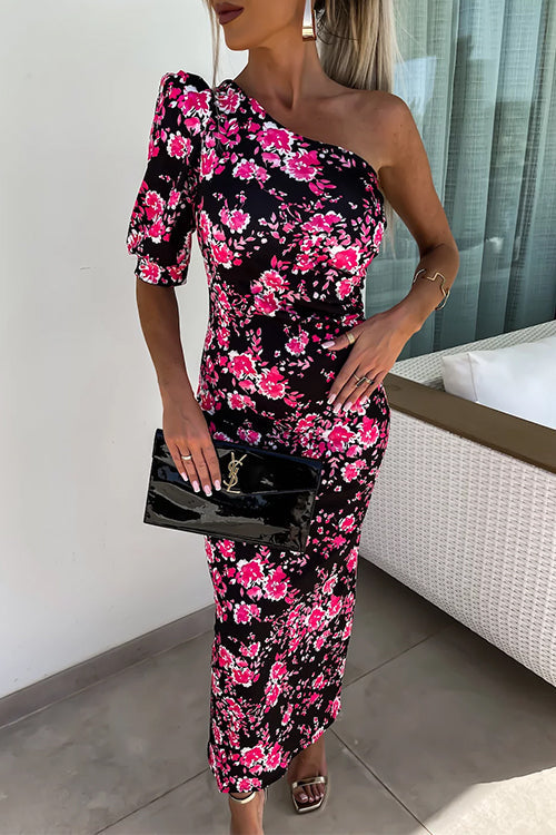 Mixiedress One Shoulder Waisted Floral Maxi Bodycon Dress