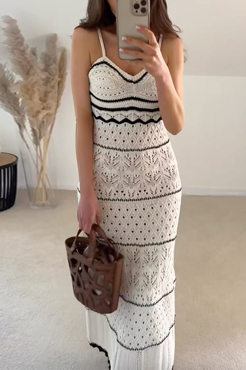 Mixiedress V Neck Crochet Hollow Out Color Block Knitting Maxi Cami Dress