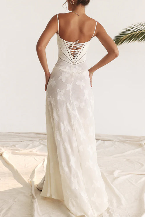 Mixiedress Spaghetti Strap Back Lace-up Applique Flower Maxi Swing Dress