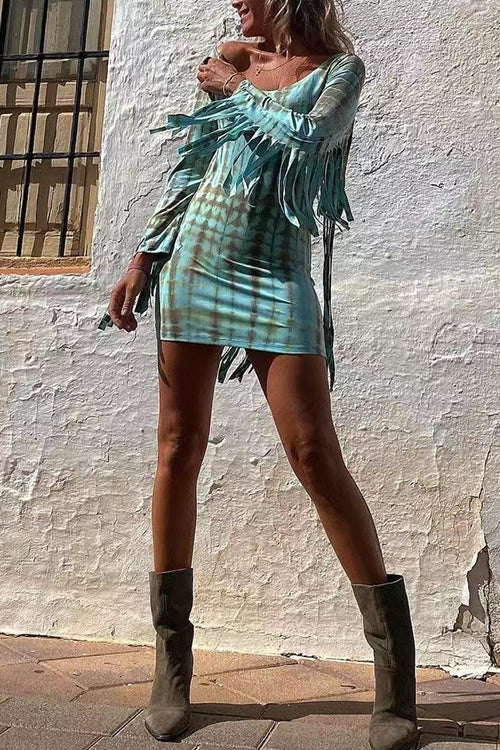 Mixiedress Tie Dye Long Sleeves Tassle Mini Dress