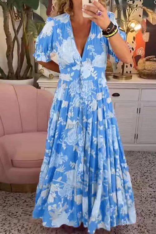 Mixiedress V Neck Button Up Floral Print Flowy Maxi Dress