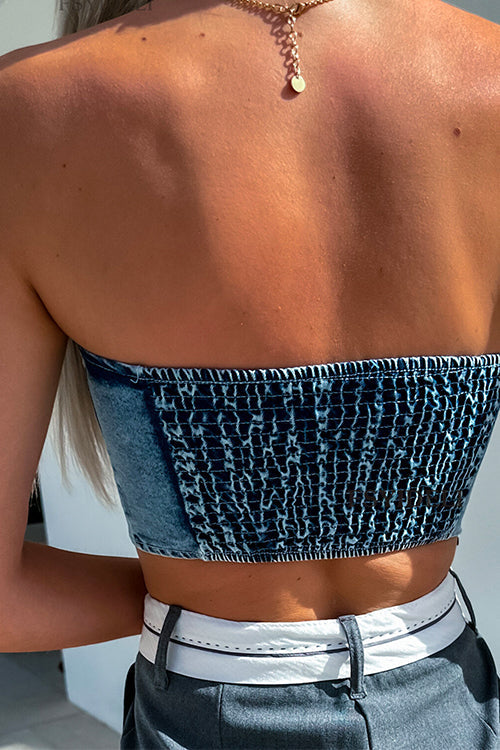 Mixiedress Lace Up Strapless Denim Corset Crop Top