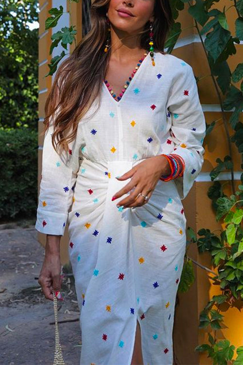 Mixiedress V Neck Waisted Slit Embroidery Midi Dress