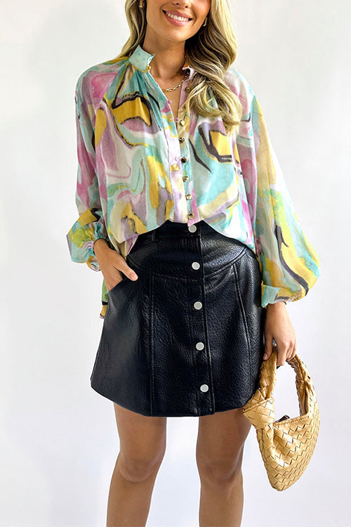 Mixiedress Stand Collar Balloon Sleeves Button Down Flowy Printed Shirt