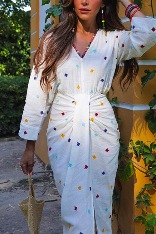 Mixiedress V Neck Waisted Slit Embroidery Midi Dress