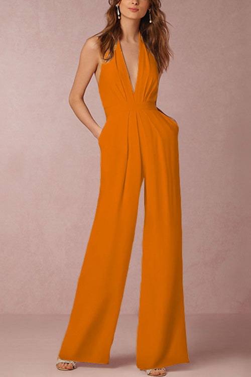 Mixiedress Deep V Neck Sleeveless Jumpsuit with Pockets
