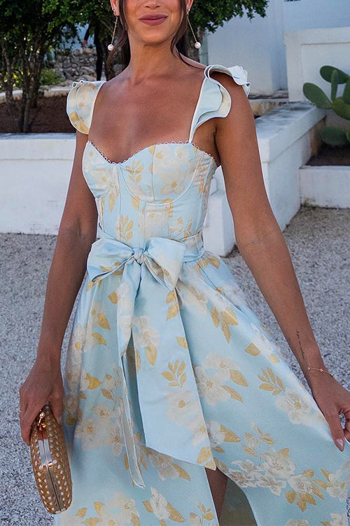 Mixiedress Ruffled Shoulder Bow Knot Waist Slit Printed Vintage Party Dress