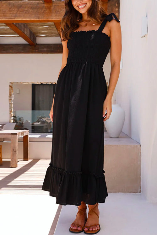 Mixiedress Wide Straps Bow Shoulder Smocked Ruffle Maxi Dress