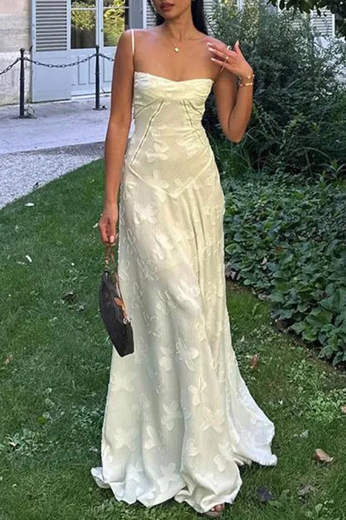 Mixiedress Spaghetti Strap Back Lace-up Applique Flower Maxi Swing Dress