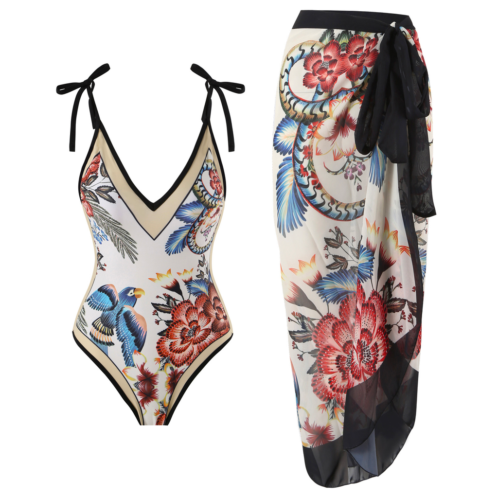 Mixiedress Floral Print V Neck Tie Shoulder One-piece Swimwear and Wrap Cover Up Skirt Set