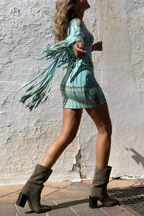 Mixiedress Tie Dye Long Sleeves Tassle Mini Dress