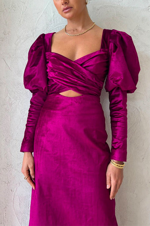 Cross Front Puff Sleeves Cut Out Velvet Midi Dress