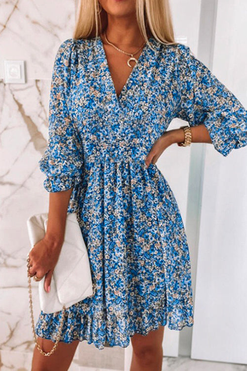 Mixiedress V Neck Puff Sleeve Waisted Floral Ruffle Dress