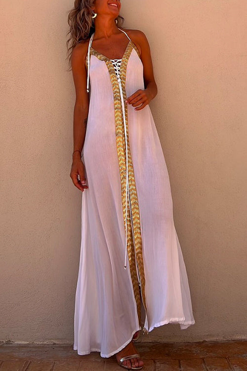 Mixiedress V Neck Backless Sequin Detailed Slit Maxi Cami Dress