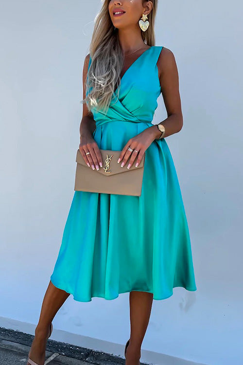 Mixiedress Sleeveless Cross V Neck Waisted Swing Party Dress