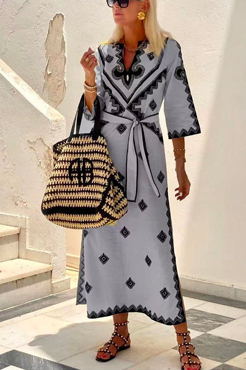 Mixiedress V Neck Tie Waist Side Split Bohemia Printed Maxi Dress