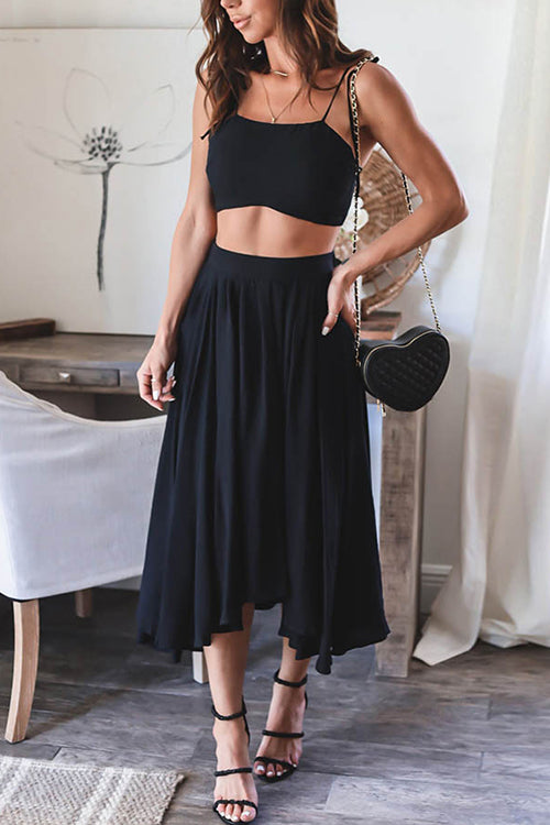 Mixiedress Tie Shoulder Cami Crop Top and Swing Skirt Set