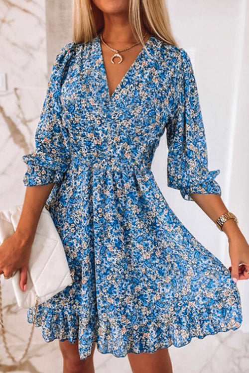 Mixiedress V Neck Puff Sleeve Waisted Floral Ruffle Dress