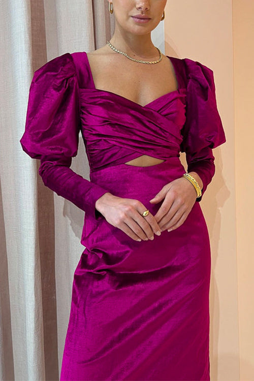 Cross Front Puff Sleeves Cut Out Velvet Midi Dress