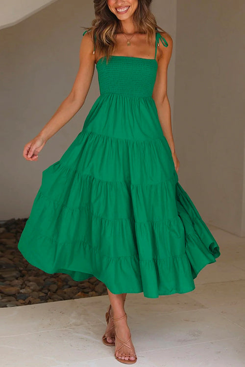Mixiedress Tie Shoulder Smocked Ruffle Tiered Swing Cami Dress